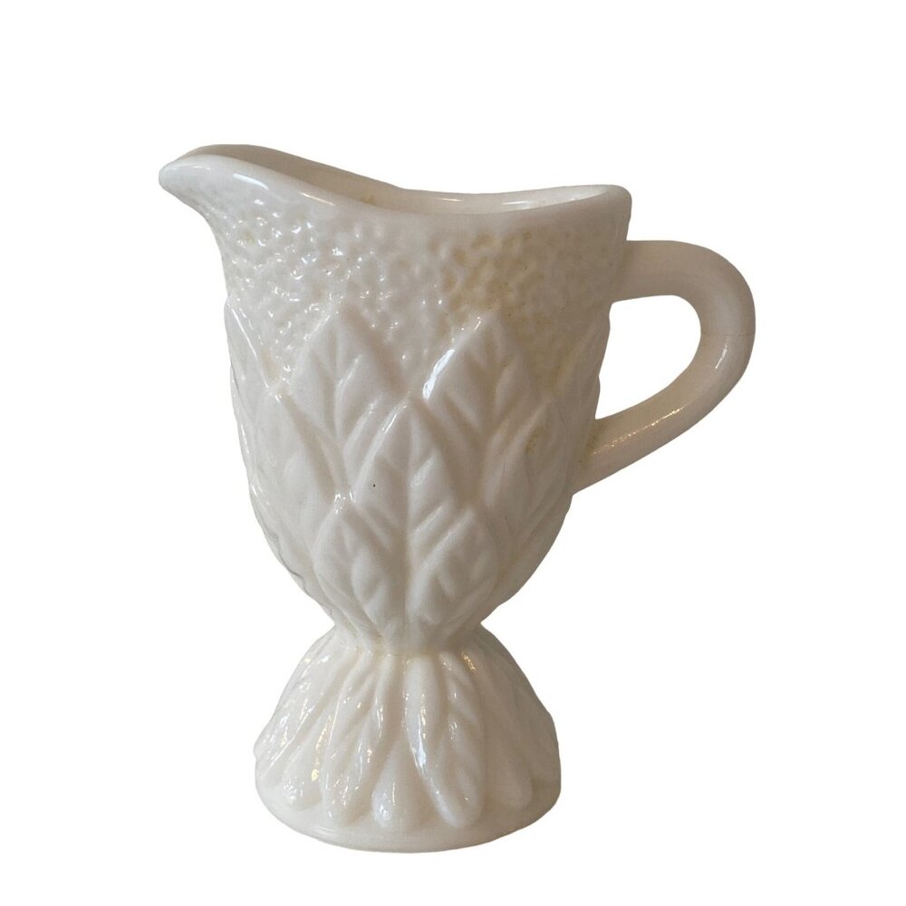 VTG Milk Glass White Mini Creamer Foot Leaves 3.75 in